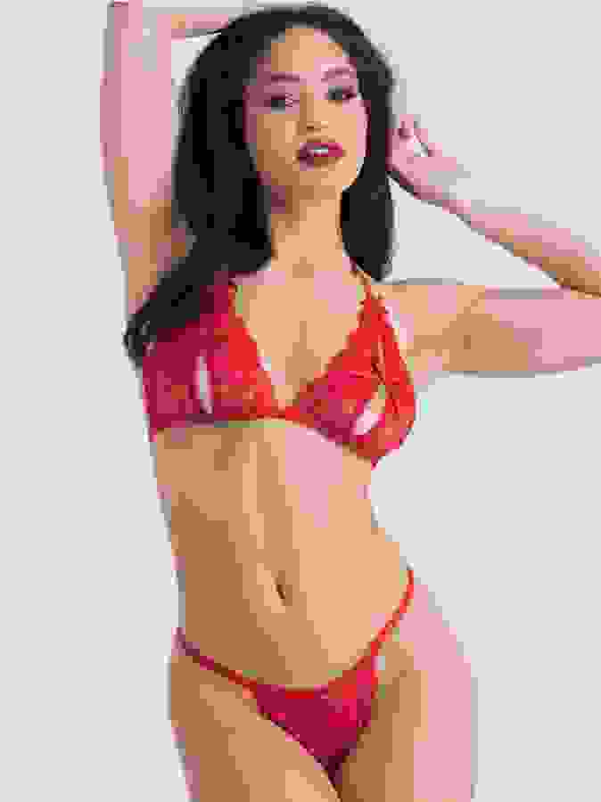 Lovehoney Red Lace Peek-a-Boo Bra and Crotchless G-String Set, Red, hi-res